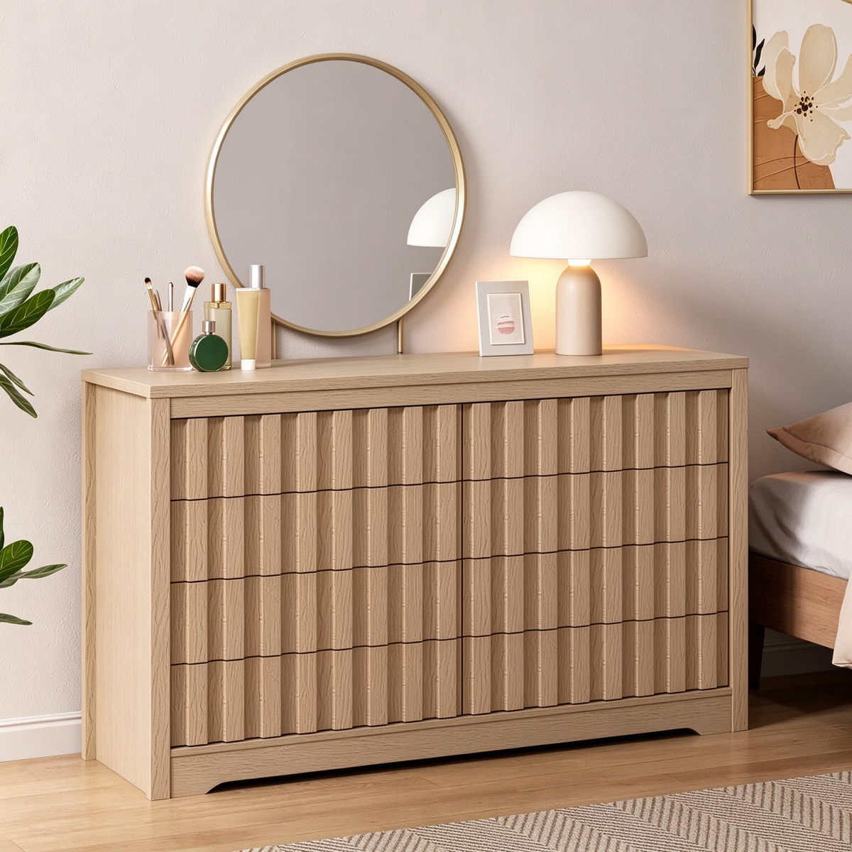 Commode à façade cannelée pour chambre avec 8 tiroirs, commode, meuble TV en bois, organisateur de vêtements en bois avec rangement profond