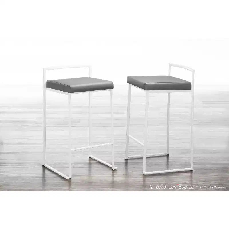 Set of 2 26" Fuji Contemporary Counter Height Barstools White/Gray - LumiSource: Upholstered, Metal Frame, Stackable
