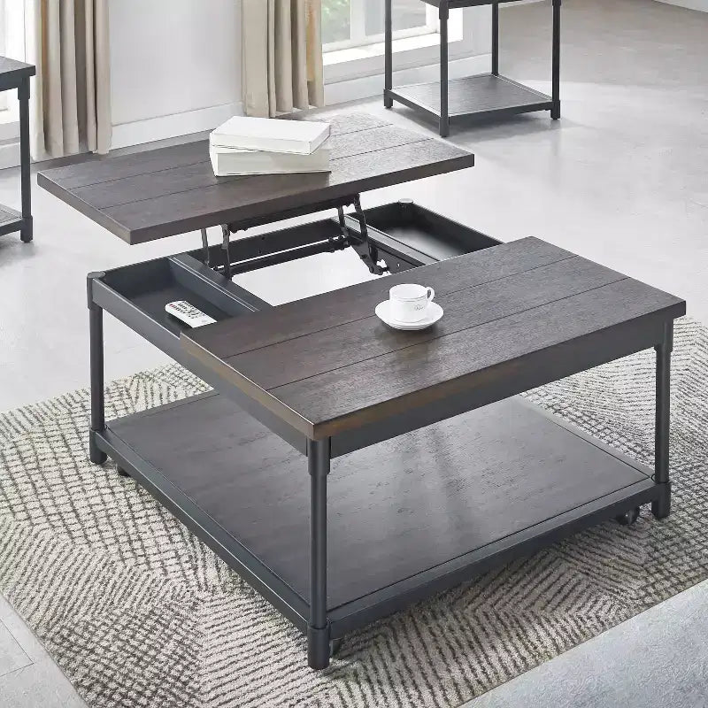 Prescott Lift Top Square Cocktail Table Dark Brown - Steve Silver Co.: Rustic Storage, Casters, Wood Veneer, 36"x36"